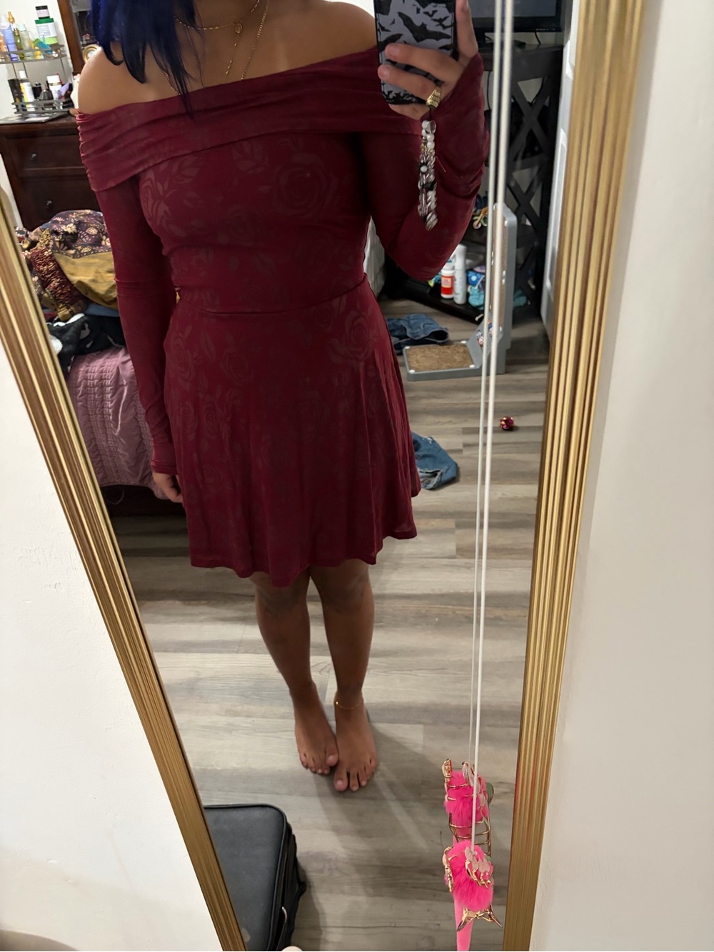wild fable Off-Shoulder Burgundy Floral Skater Dress